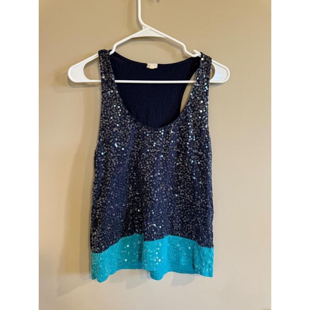 J Crew Navy Blue Sequin Tank Top Teal Trim Racerback Women's Small
